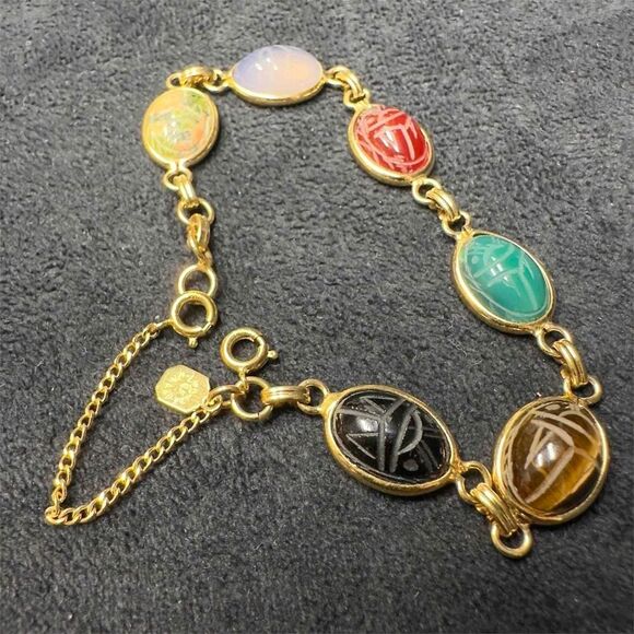 12K GF Scarab Beetle Bracelet Six (6) Gemstones Egyptian Hieroglyphs by Winard main image 7